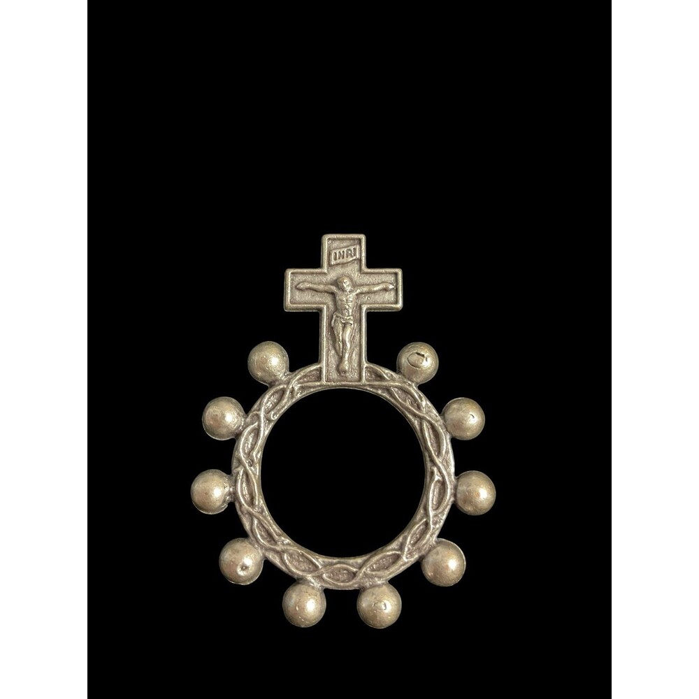 Vintage Silvertone Open Circle w/Ball Beads & Small Cross Crucifix at Top